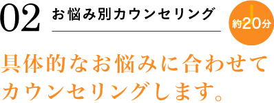 02 お悩み別カウンセリング 約20分 具体的なお悩みに合わせてカウンセリングします。