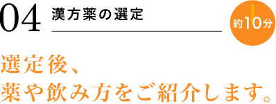 04 漢方薬の選定 約10分 選定後、薬や飲み方をご紹介します。