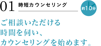 01 時短カウンセリング 約10分 ご相談いただける時間を伺い、カウンセリングを始めます。