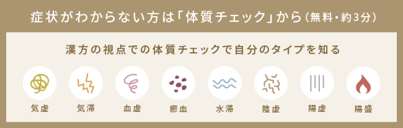 症状がわからない方は「体質チェック」から（無料・約3分）